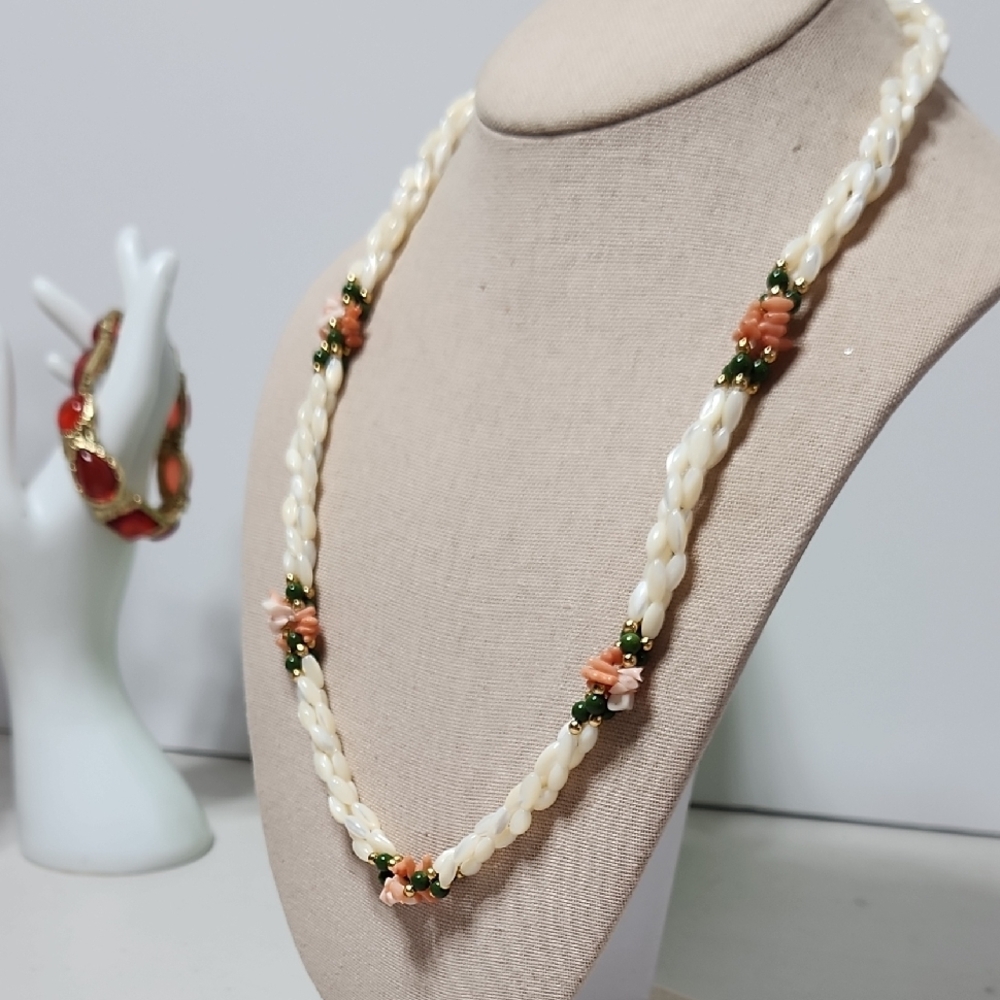 Genuine Rice Pearl, Green Jade, And Pink Spiny Oyster Shell Necklace - Picture 3 of 10